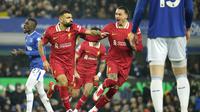 Mohamed Salah merayakan gol saat pertandingan Liga Inggris 2024/2025 antara Everton Vs Liverpool di Goodison Park, Kamis (13/2/2025) dini hari WIB. (AP Photo/Dave Thompson)