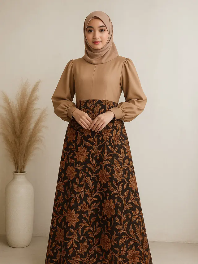 Dress Batik Panjang Muslim Kombinasi Polos