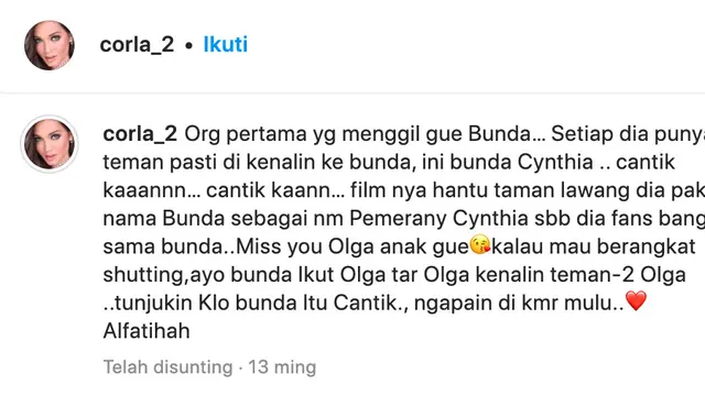 Unggahan Bunda Corla soal Olga Syahputra. (Foto: Dok. Instagram @corla_2)