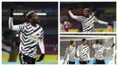 Selebrasi pemain Manchester United, Paul Pogba usai mencetak gol saat mengenakan jersey tandang yang bermotif hitam-putih. (Foto: AFP & AP)