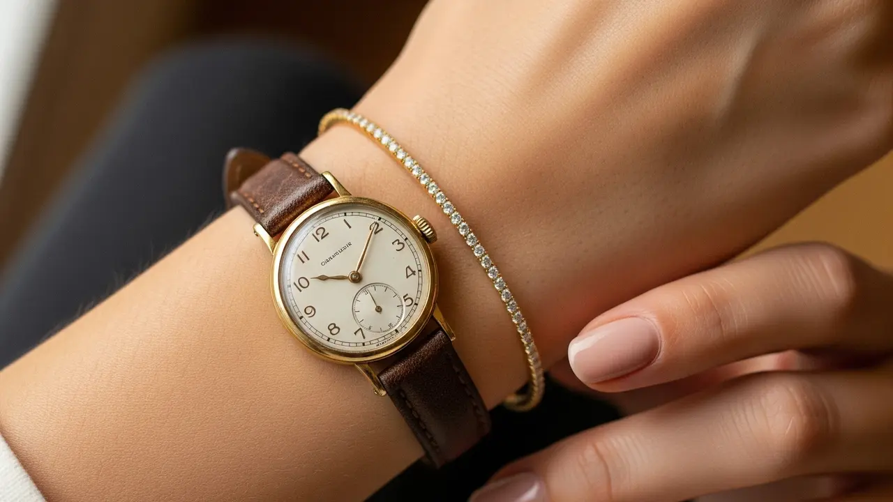 Kombinasi Gelang Emas Tipis dan Jam Tangan Klasik