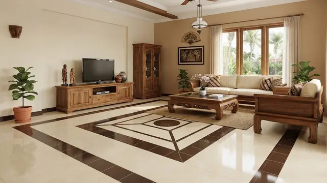 Kombinasi 2 warna keramik polos yang bikin tampilan rumah jadi mewah model krem dan cokelat untuk ruang keluarga