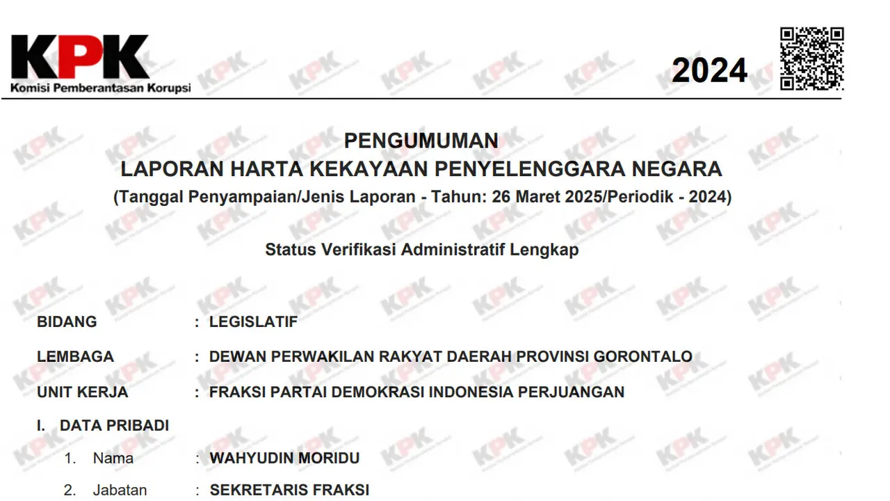 LHKPN Wahyudin Moridu. Foto LHKPN KPK