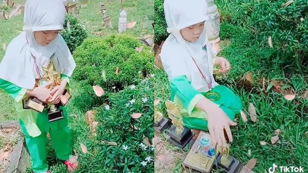 Bocah Bawa Banyak Piala ke Makam Sang Ayah, Kisah di Baliknya Bikin Haru
