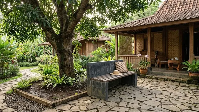 Model Teras Depan Rumah dengan Pohon Mangga Besar Jadi Peneduh Estetik