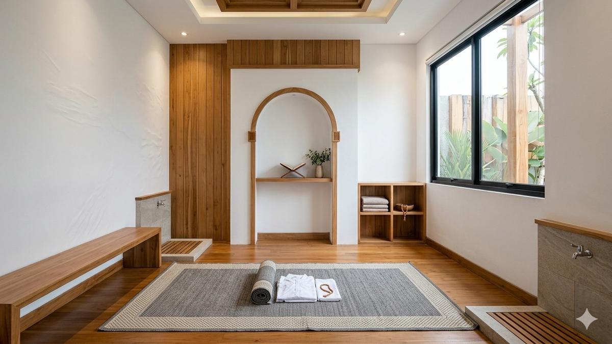 7 Desain Mushola Kecil Minimalis dengan Aksen Kayu di Rumah Modern
