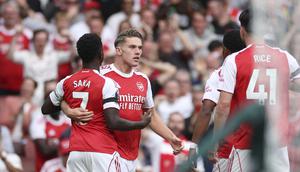 Selebrasi Viktor Gyokeres dalam laga Arsenal vs Leeds United di Premier League 2025/2026, Sabtu (23/8/2025). (AP Photo/Ian Walton)