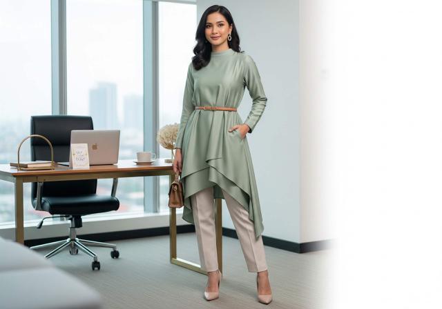 Tunik Asimetris atau Layered dengan Celana Bahan