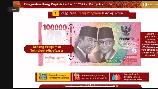 Terdapat teknologi anti pemalsuan dalam tujuh uang baru rupiah kertas tahun emisi 2022. Terdapat 3 aspek utama untuk mencegah pemalsuan. (Dok BI)