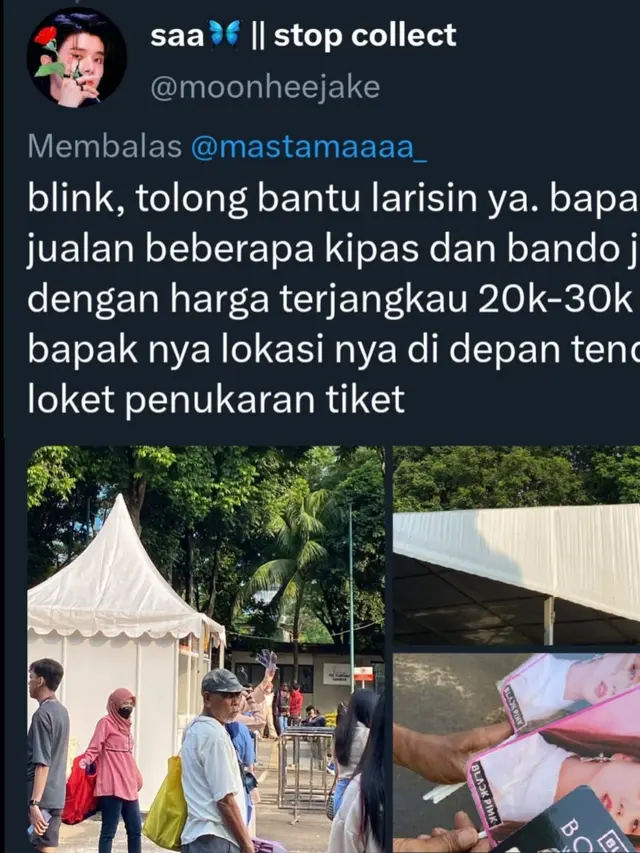 Terlihat bapak penjualan Merchandise Blackpink, sedang berkeliling menjajalkan jualannya, (Source: Twitter/ @moonheejake)