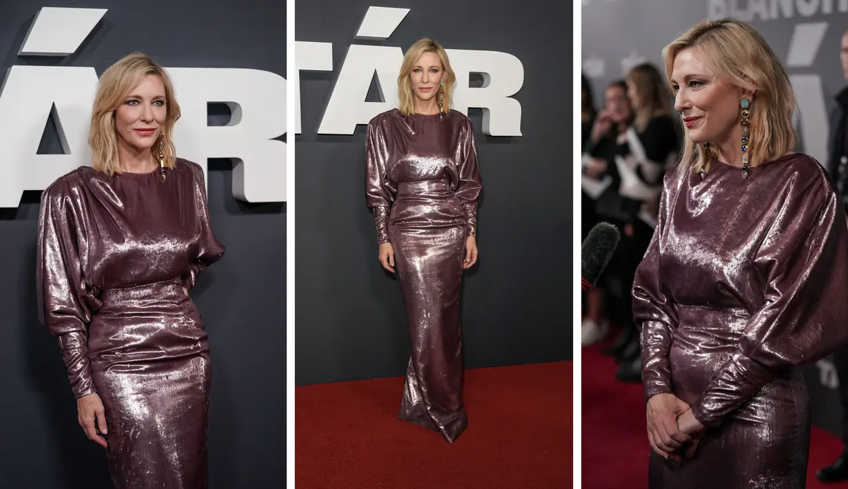Foto kolase Cate Blanchett saat menghadiri pemutaran perdana film 'Tar' di London, Rabu, 11 Januari 2023. Cate tampil glamor di acara film terbarunya itu. (Photo by Scott Garfitt/Invision/AP)