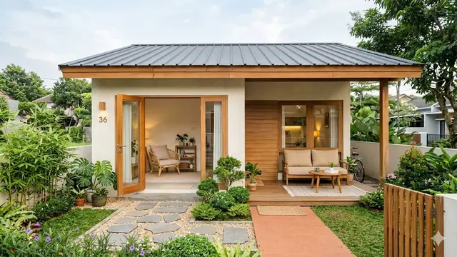 Contoh Rumah Kecil Type 36 dengan Halaman Depan dan Area Santai Keluarga