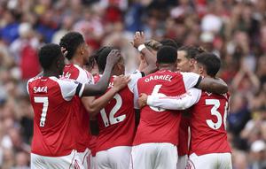 Selebrasi Jurrien Timber dkk. dalam laga Arsenal vs Leeds United di Premier League 2025/2026,&nbsp;Sabtu (23/8/2025). (AP Photo/Ian Walton)