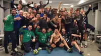 Skuad Empoli rayakan sukses mengalahkan Juventus di perempat final Coppa Italia 2024/2025. (X/Empoli)