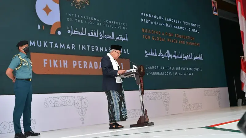Wakil Presiden Ma’ruf Amin menghadiri acara Muktamar Internasional Fiqih Peradaban di Surabaya, yang menjadi rangkaian Resepsi 1 Abad Nahdlatul Ulama (NU).