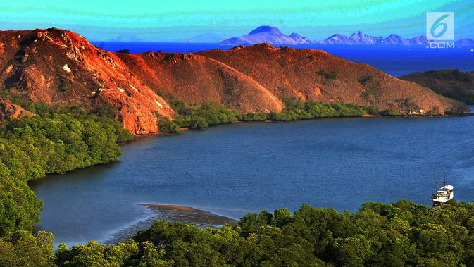 Kapal wisatawan mengarungi sebuah teluk di Pulau Rinca, Taman Nasional Komodo, NTT, Minggu (14/10). Berdasarkan data terakhir, jumlah wisatawan sejak Januari-September 2018 mencapai 100 ribuan orang. (Merdeka.com/Arie basuki)