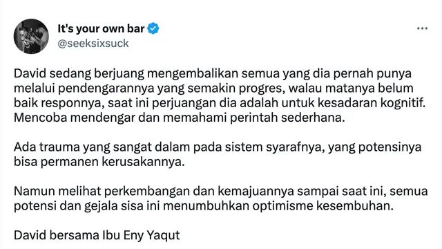 Jonathan Latumahina menyebut ada trauma yang sangat dalam pada sistem syaraf David Ozora, yang potensinya bisa rusak permanen. (Foto: Dok. Twitter @seeksixsuck)