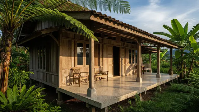 Rumah Desa dengan Kombinasi Kayu Tua dan Lantai Teraso/Gemini AI