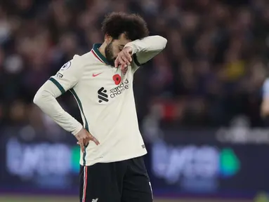 Bermain menghadapi West Ham United dalam laga pekan ke-11 Liga Inggris, Minggu (7/11/2021), The Reds kalah 2-3 dari tim tuan rumah. (AP Photo/Ian Walton)