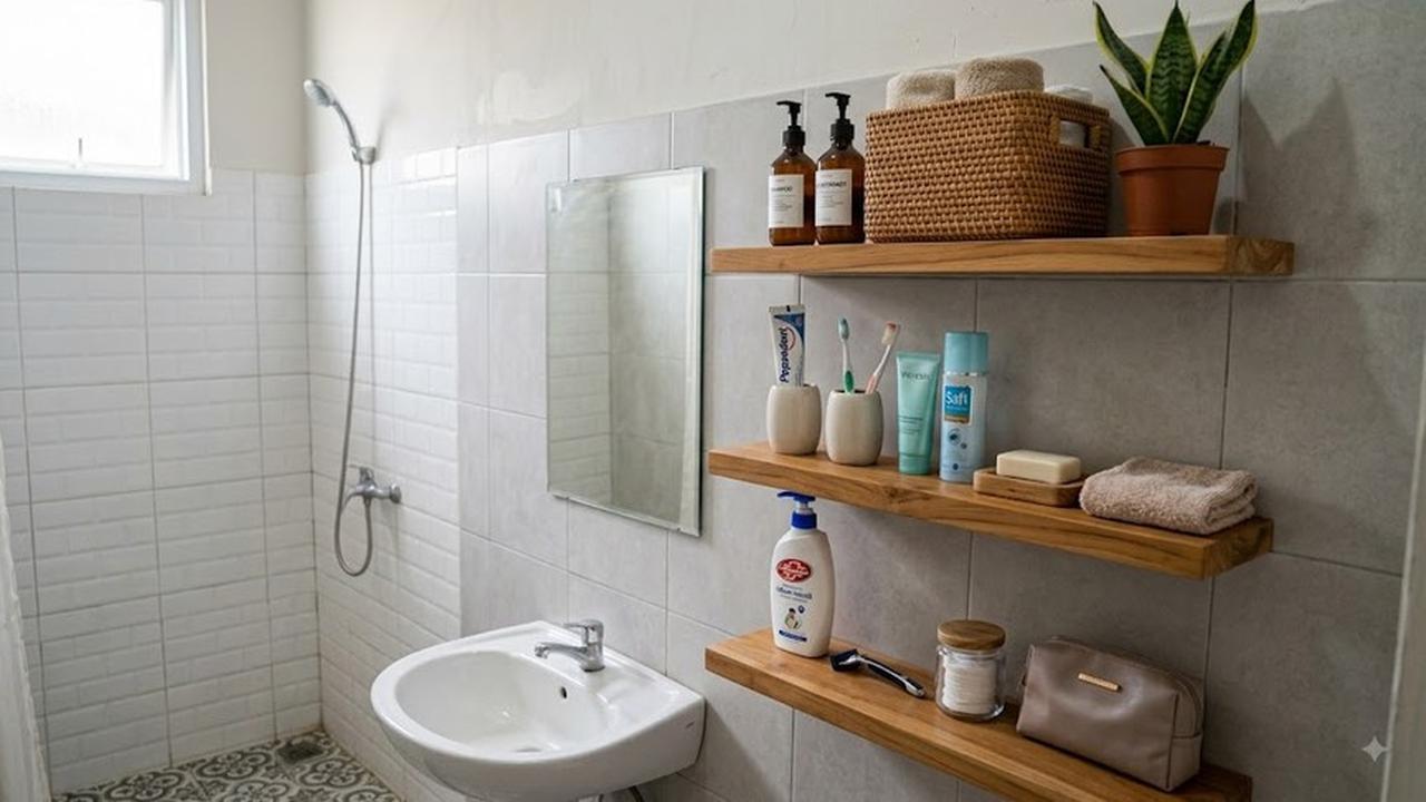 Model Rak Kamar Mandi untuk Menyimpan Banyak Barang Tanpa Terlihat Penuh (AI generated)