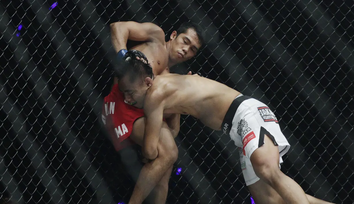 Petarung Indonesia, Stefer Rahardian, mendorong petarung Filipina, Robin Catalan, saat bertarung pada laga ONE Championship di Istora Senayan, Jakarta, Sabtu (19/1). Stefer Rahardian kalah dari Robin Catalan. (Bola.com/M. Iqbal Ichsan)