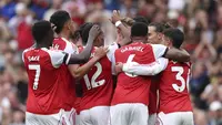 Selebrasi Jurrien Timber dkk. dalam laga Arsenal vs Leeds United di Premier League 2025/2026, Sabtu (23/8/2025). (AP Photo/Ian Walton)