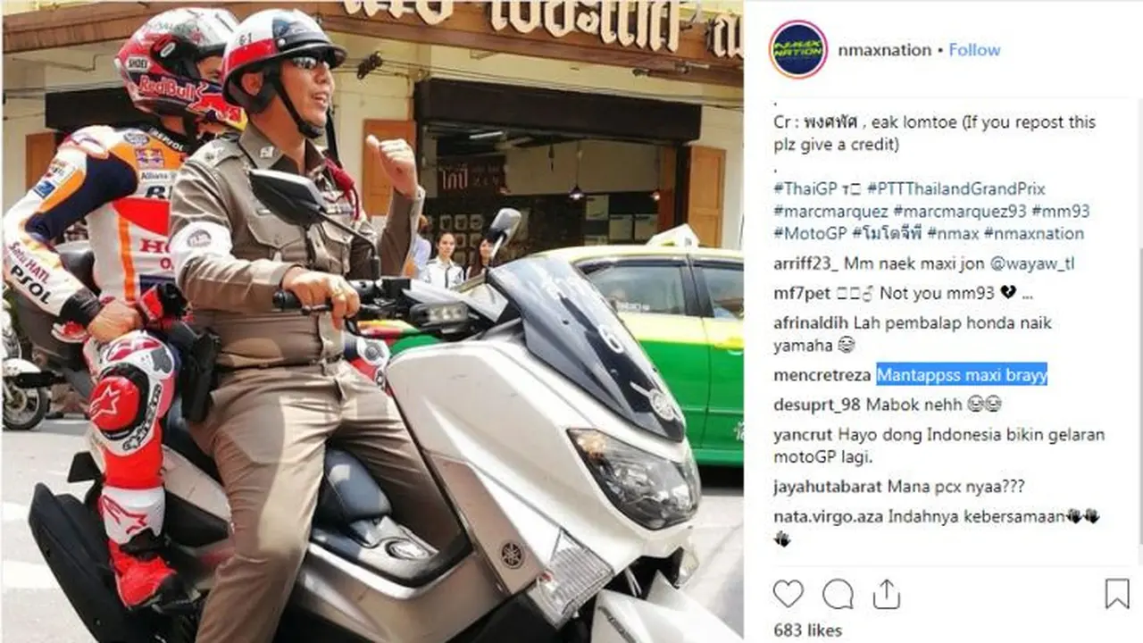Dibonceng polisi, Marc marquez naik Yamaha NMax (foto: Instagram @nmaxnation)