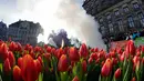Asap dan kembang api terlihat saat pengunjung menunggu untuk memetik tulip pada Hari Bunga Tulip Nasional di Dam Square, Amsterdam pada 19 Januari 2019. Sebanyak 200ribu bunga tulip berbagai warna dirancang khusus untuk momentum ini.  (AP/Peter Dejong)