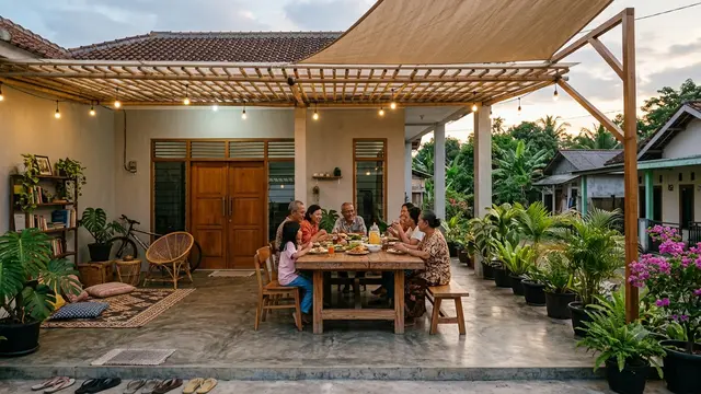 Inspirasi Rumah dengan Teras Lebar untuk Slow Living Model Ruang Makan Outdoor Keluarga