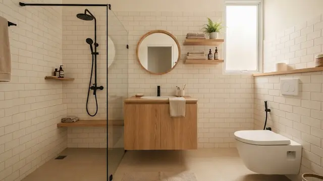 Kamar Mandi Minimalis dengan Sentuhan Kayu