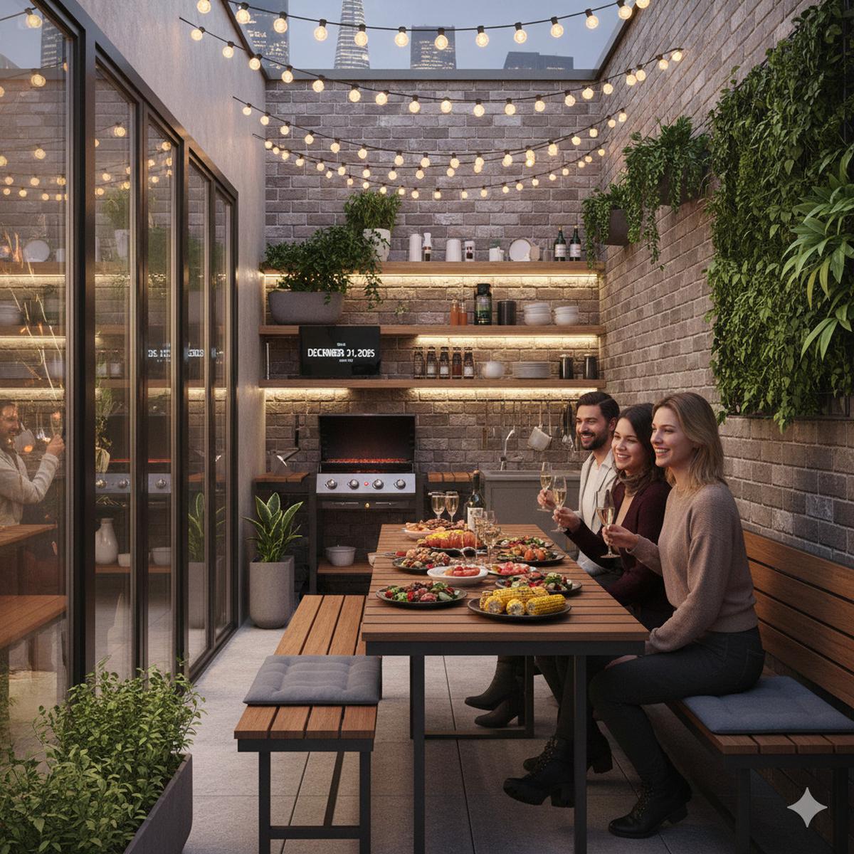 Teras Sempit Modern Industrial yang Cozy untuk BBQ Tahun Baru 2026
