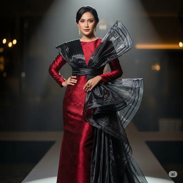 Model Long Dress Batik Brokat dengan Outer Transparan (Image by Gemini AI)
