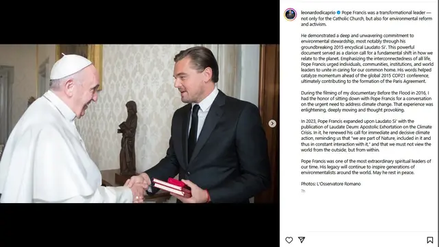 Unggahan Instagram Leonardo DiCaprio mengenai mendiang Paus Fransiskus. (Instagram/ leonardodicaprio)