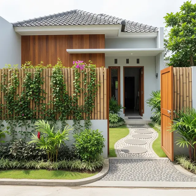 9 Ide Pagar Bambu dengan Taman dan Jalan Setapak Batu Alam, Estetika Alami
