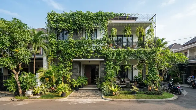 Ide Desain Rumah Rimbun untuk Perumahan Panas yang Teduh dan Tetap Rapi Nyaman Model Integrasi Tanaman Rambat pada Fasad Bangunan