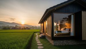 Model rumah minimalis pinggir sawah dengan view sunrise langsung dari kamar. [Foto: Gemini]