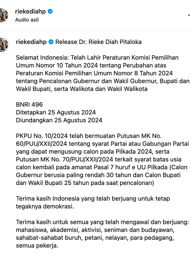 Unggahan Rieke Diah Pitaloka. (Foto: Dok. Instagram @riekediahp)