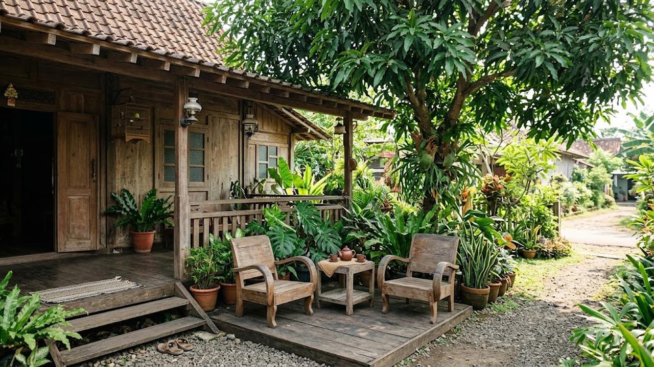 Model Teras Rumah dengan Kursi Kayu dan Tanaman Hijau/AI Generated