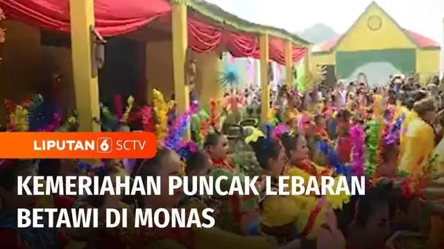 Puncak acara Lebaran Betawi di Monas, Jakarta Pusat, ramai dikunjungi warga. Warga antusias datang untuk melihat festival budaya dan berburu kuliner khas betawi.