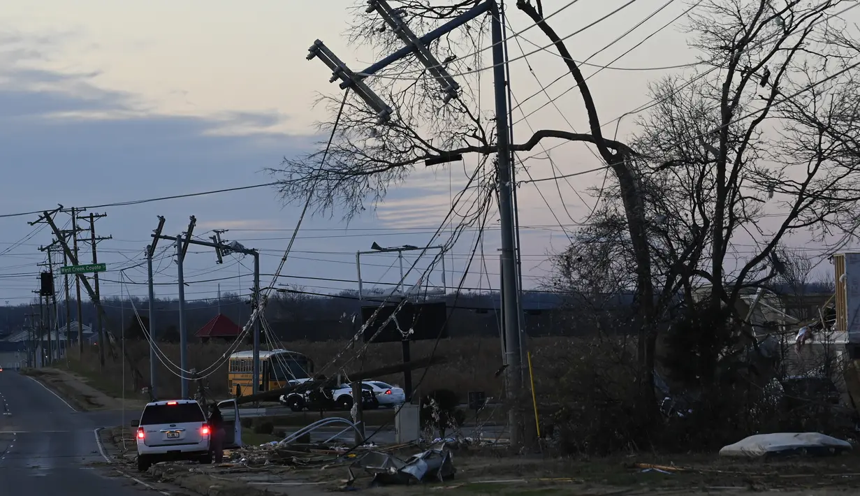Beberapa pohon, kabel listrik dan rumah-rumah juga dihantam badai di kota pedesaan Dresden, kata layanan darurat. (AP Photo/Mark Zaleski)