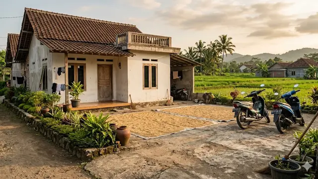 Model Rumah Kampung dengan Halaman Depan untuk Jemur Padi dan Parkir Motor