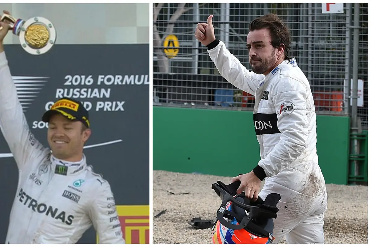 Nico Rosberg dan Fernando Alonso (kanan)