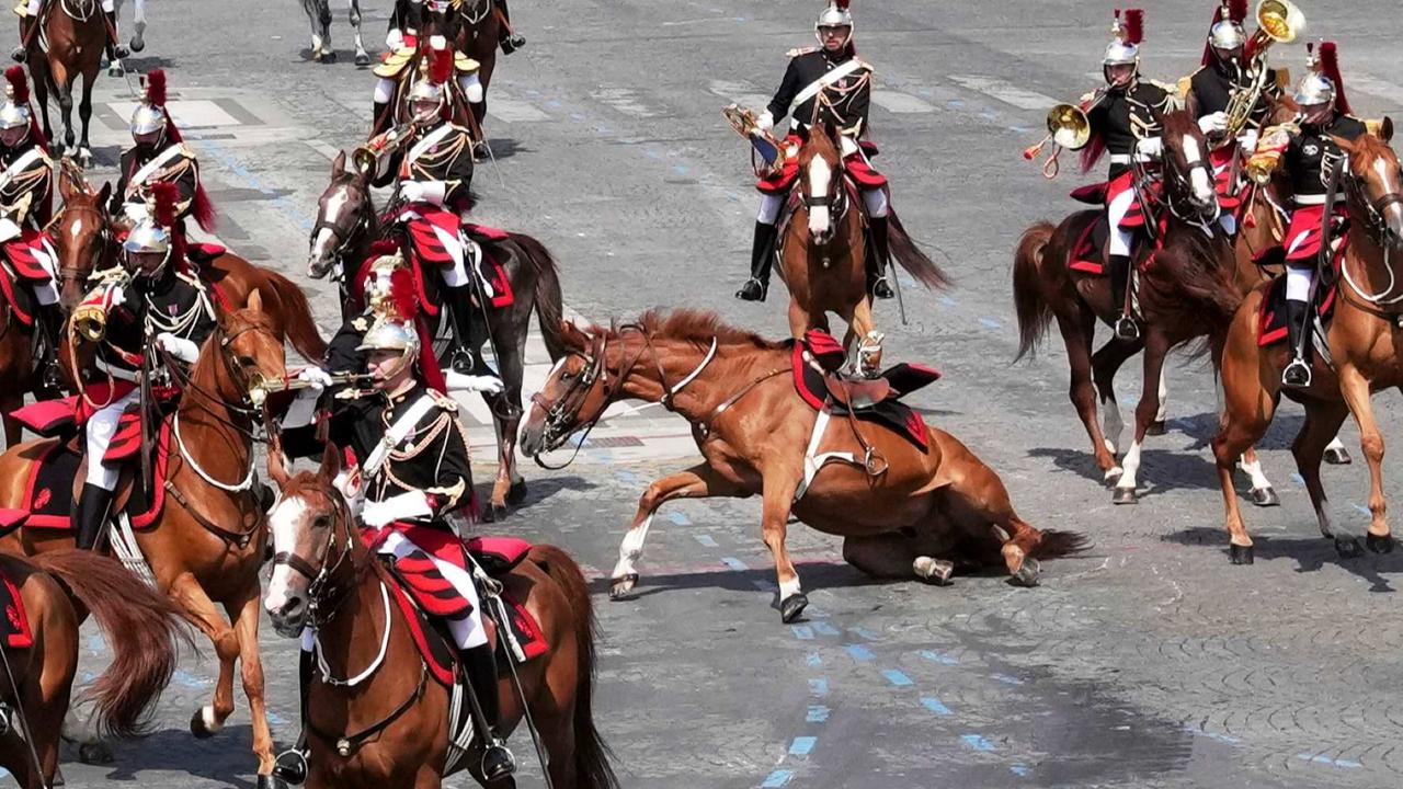 FOTO: Momen Kuda Pasukan Militer Prancis Terjatuh di Depan Prabowo dan Macron Saat Bastille Day