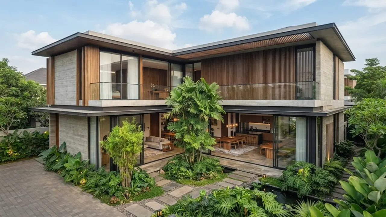 Model Rumah dengan Taman Kecil di Tengah Bangunan