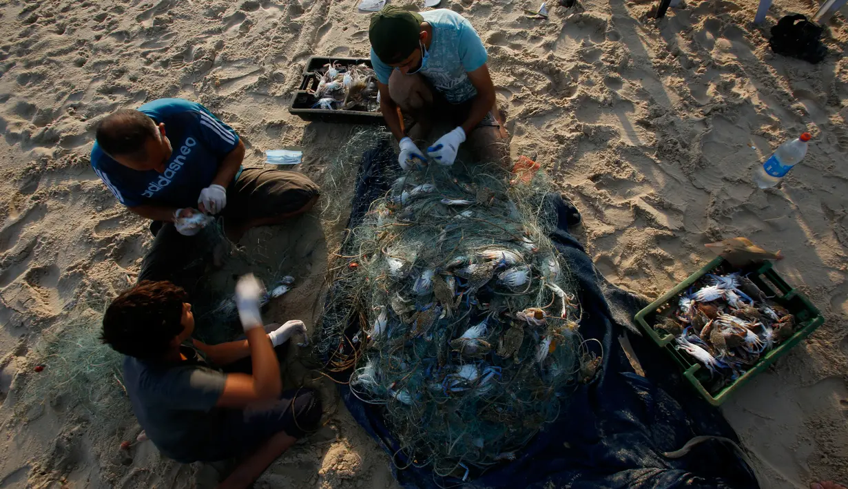 Nelayan Palestina mengenakan masker saat mereka menangkap kepiting di pantai laut Mediterania di Beit Lahyia, Jalur Gaza utara pada 21 September 2020. (AP Photo / Hatem Moussa)