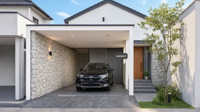 Carport Roster dengan Lantai Batu Alam