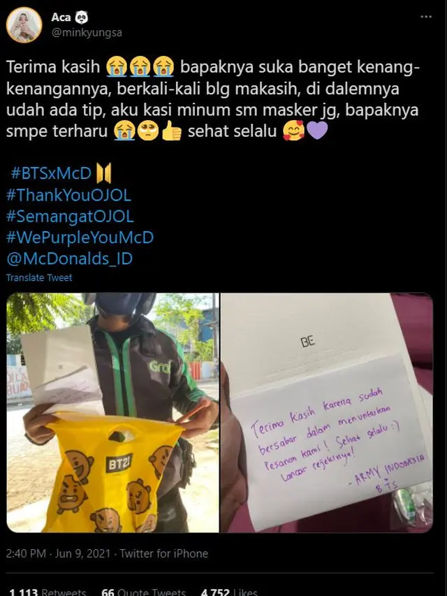 Unggahan Army mengenai ojol dan BTS Meal. (Twitter / @minkyungsa )