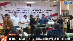 Debat pertama ini akan membahas permasalahan hukum, HAM, korupsi, dan terorisme, dengan durasi setiap debat 90 menit.