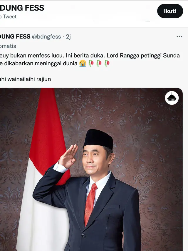 Cuitan akun Bandung Fess soal Lord Rangga meninggal dunia. (Foto: Dok. Twitter @bdngfess)