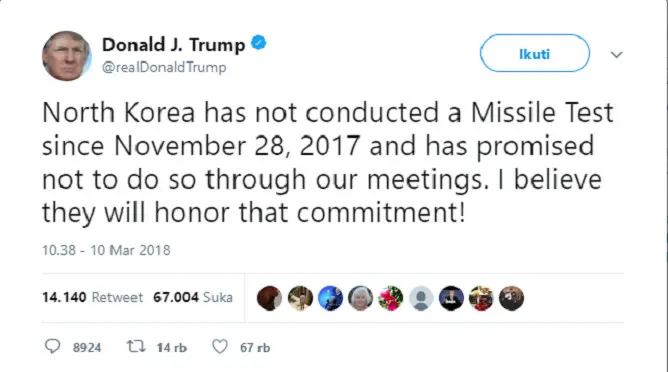 Melalui Twitter, Donald Trump menyatakan ia percaya dengan komitmen Korea Utara yang tidak akan melakukan uji coba selama proses pembicaraan berlangsung (Twitter/@realDonaldTrump)